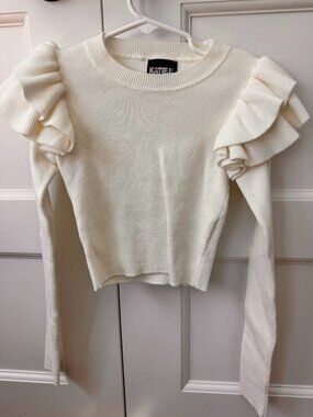 Katie J NYC Isla Top; kids white cotton sweater with shoulder ruffle, size small